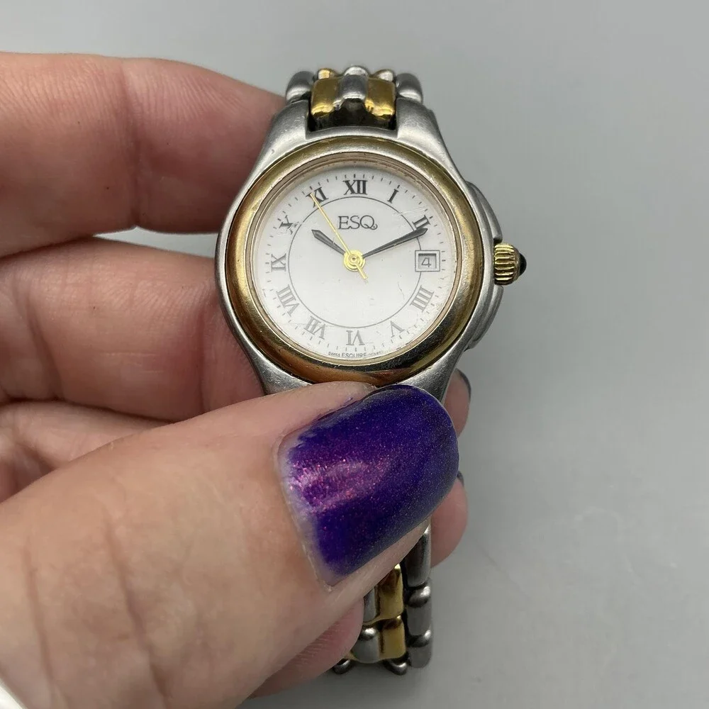 ESQ Womens Watch 26mm Gold Silver Tone Stainless Date Swiss New Battery 5.75